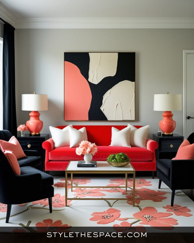 Black Living Room With Coral and Soft Blush Accents