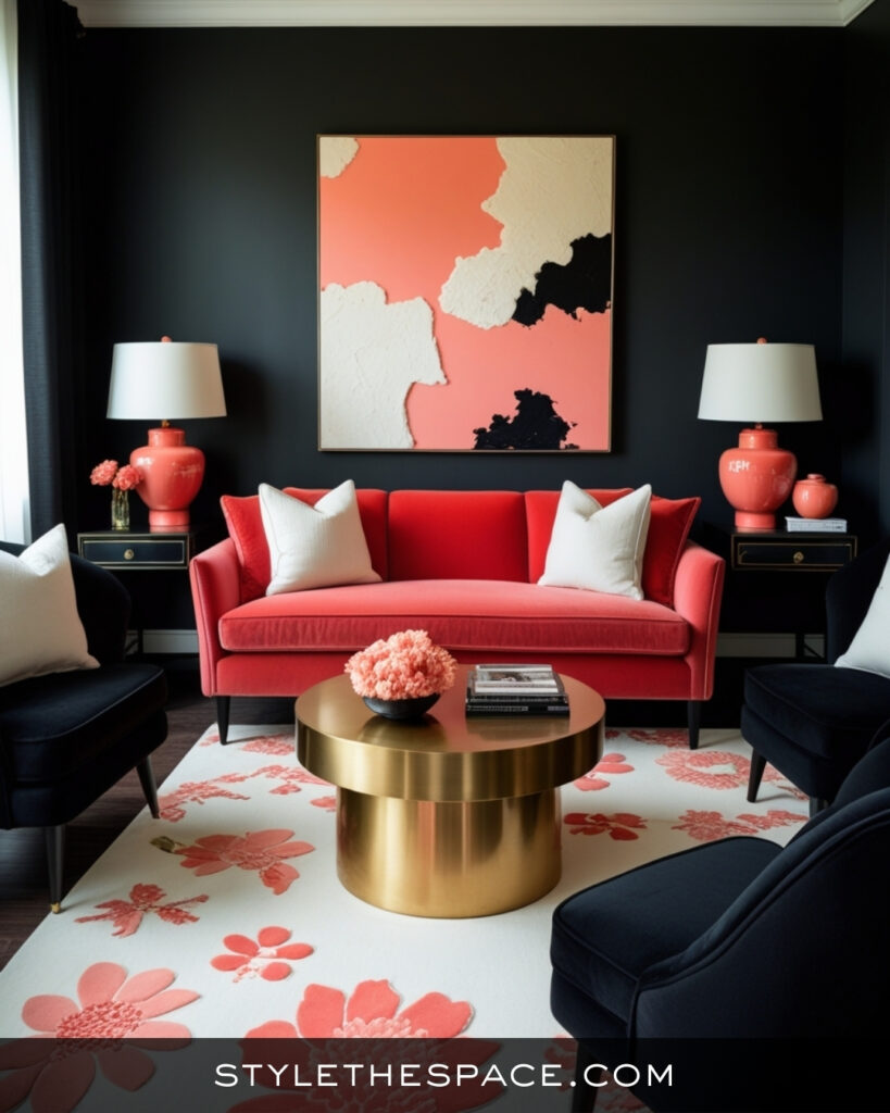 Black Living Room With Coral and Soft Blush Accents