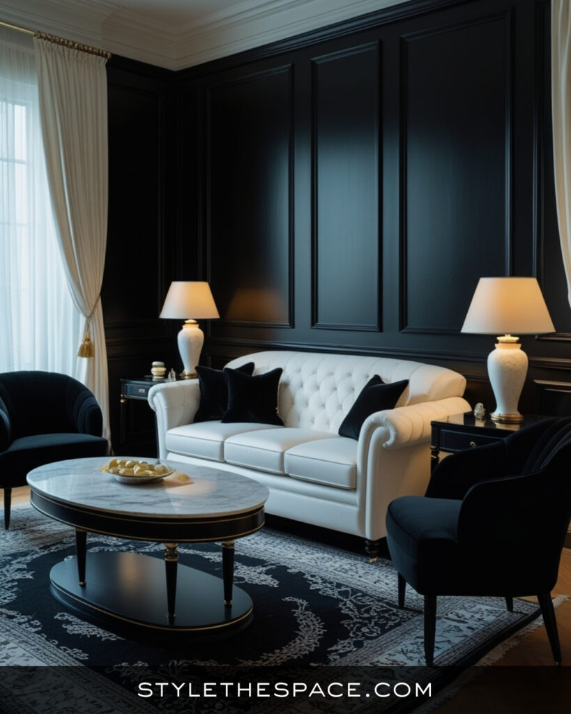 Classic Black Living Room With Crisp White Contrast