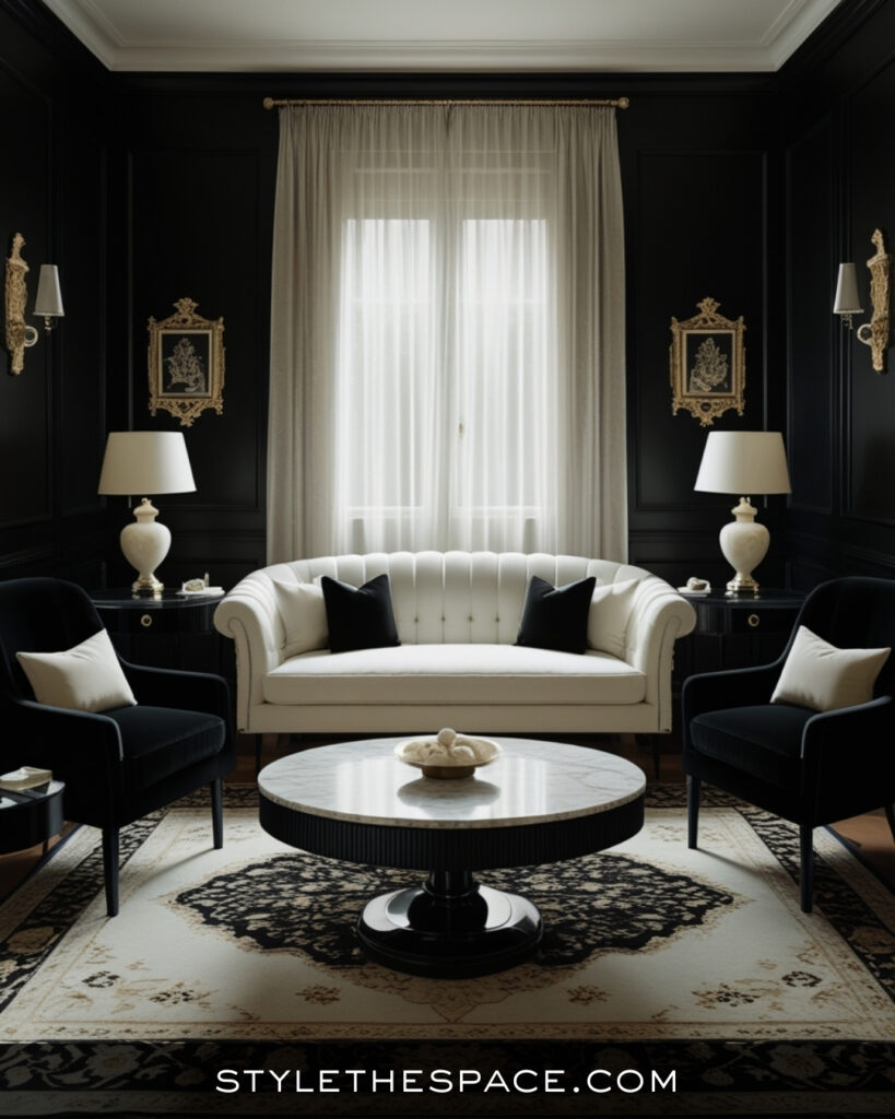 Classic Black Living Room With Crisp White Contrast