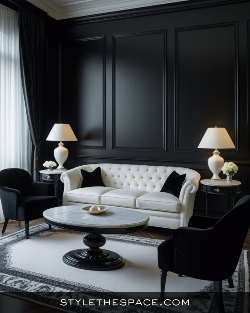 Classic Black Living Room With Crisp White Contrast