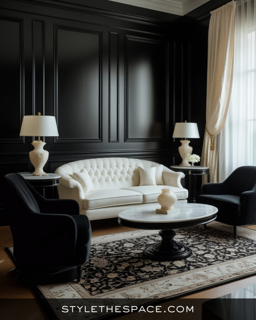 Classic Black Living Room With Crisp White Contrast