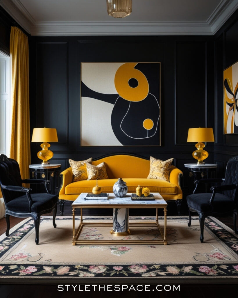 Black Living Room With Mustard Yellow and Gold Accents