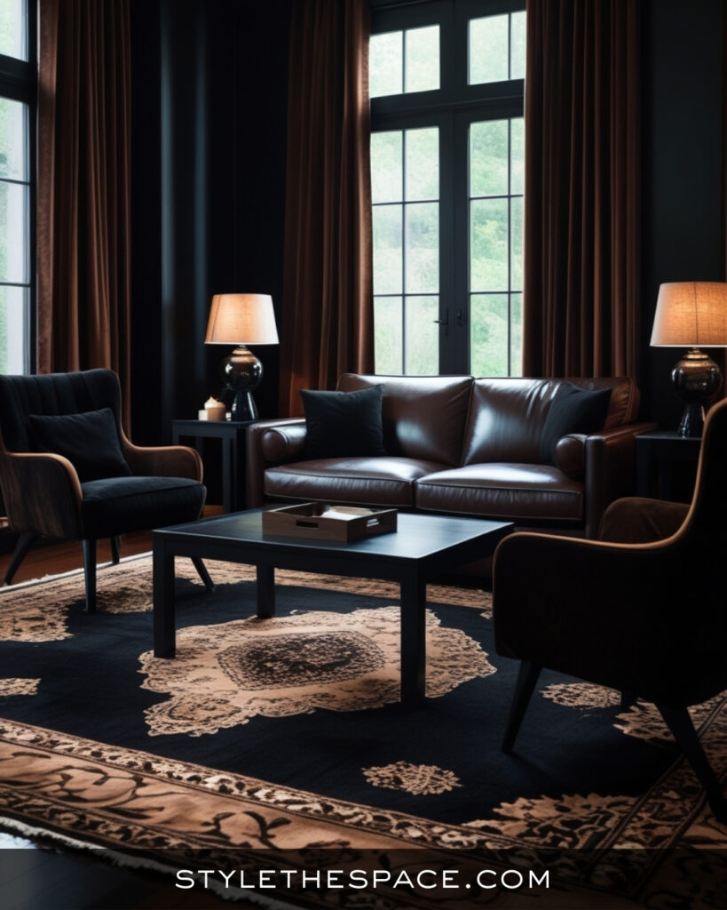 Black Living Room With Warm Leather and Soft Contrast
