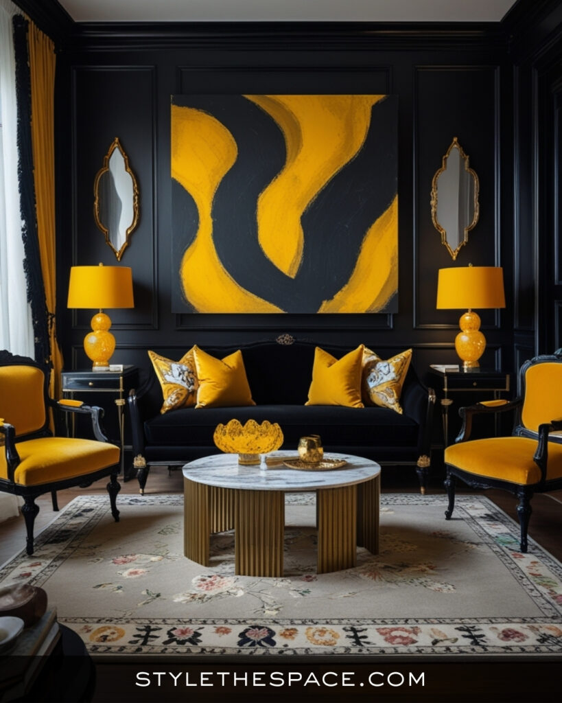 Black Living Room With Mustard Yellow and Gold Accents