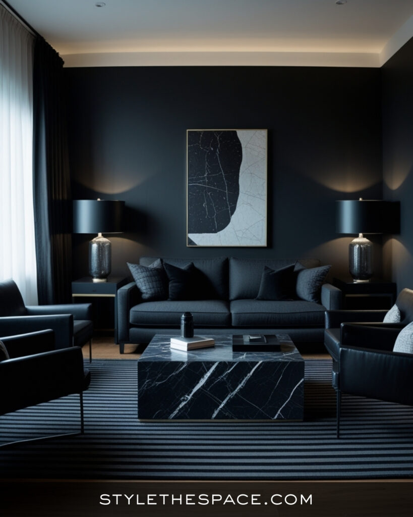Modern Black Living Room With Monochrome Elegance