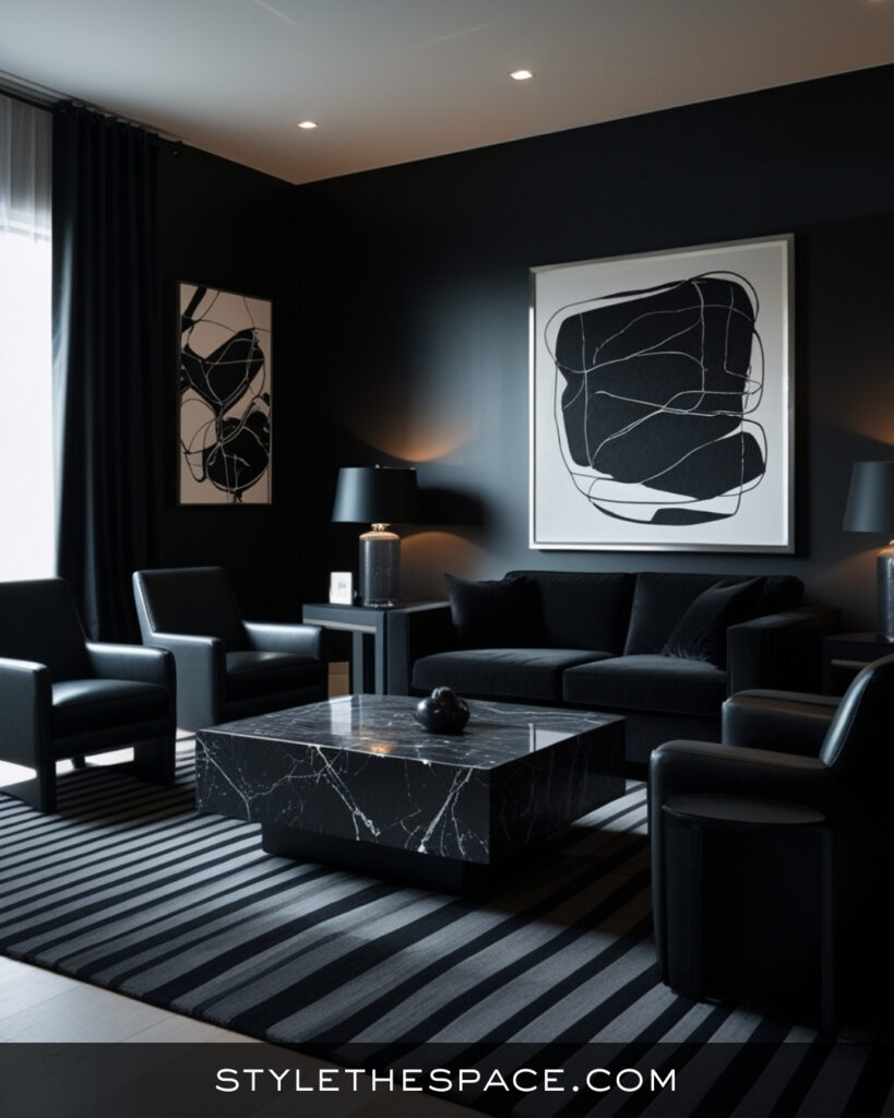 Modern Black Living Room With Monochrome Elegance