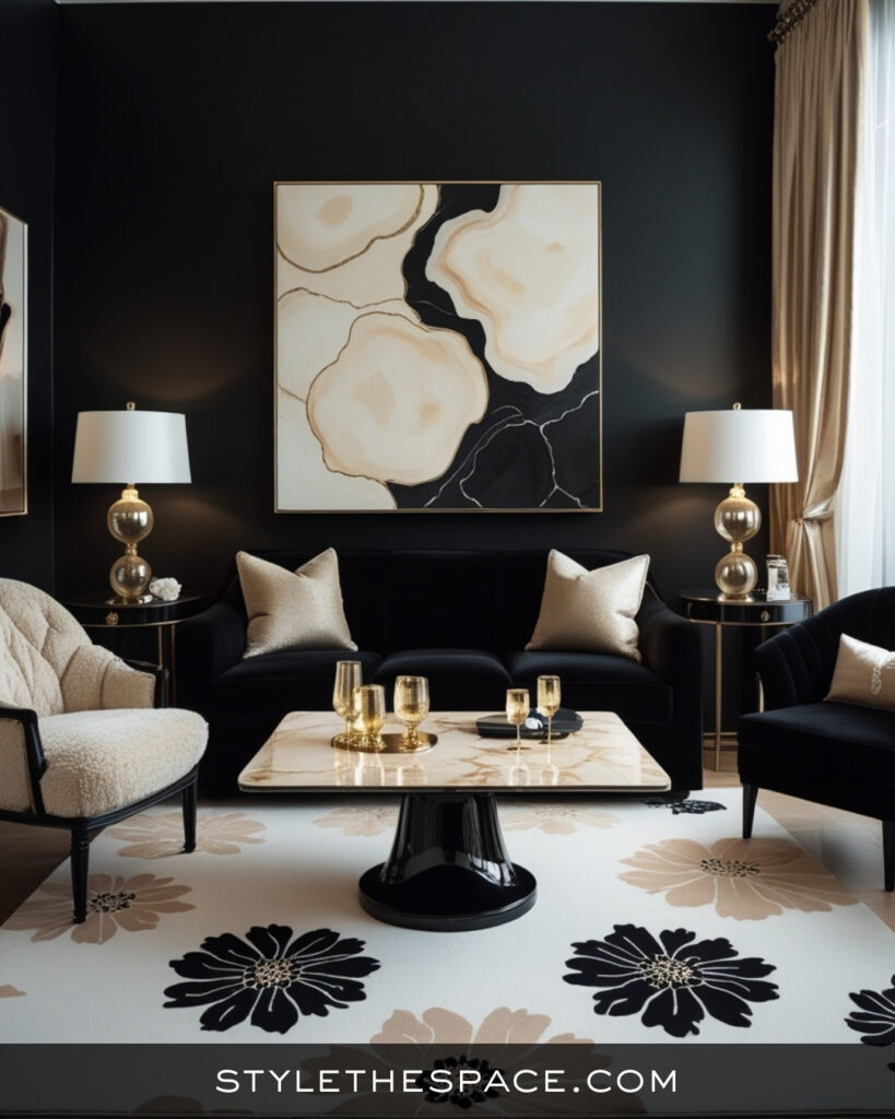 Black Living Room With Soft Neutrals and Gold Accents