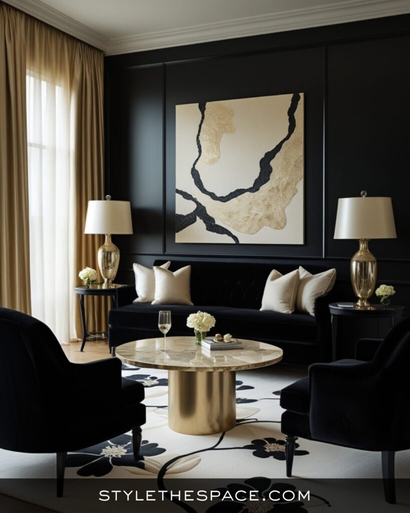 Black Living Room With Soft Neutrals and Gold Accents