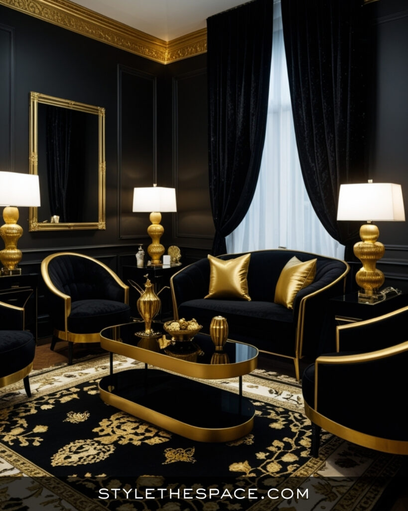 Black Living Room With Gold Accents and Classic Glamour