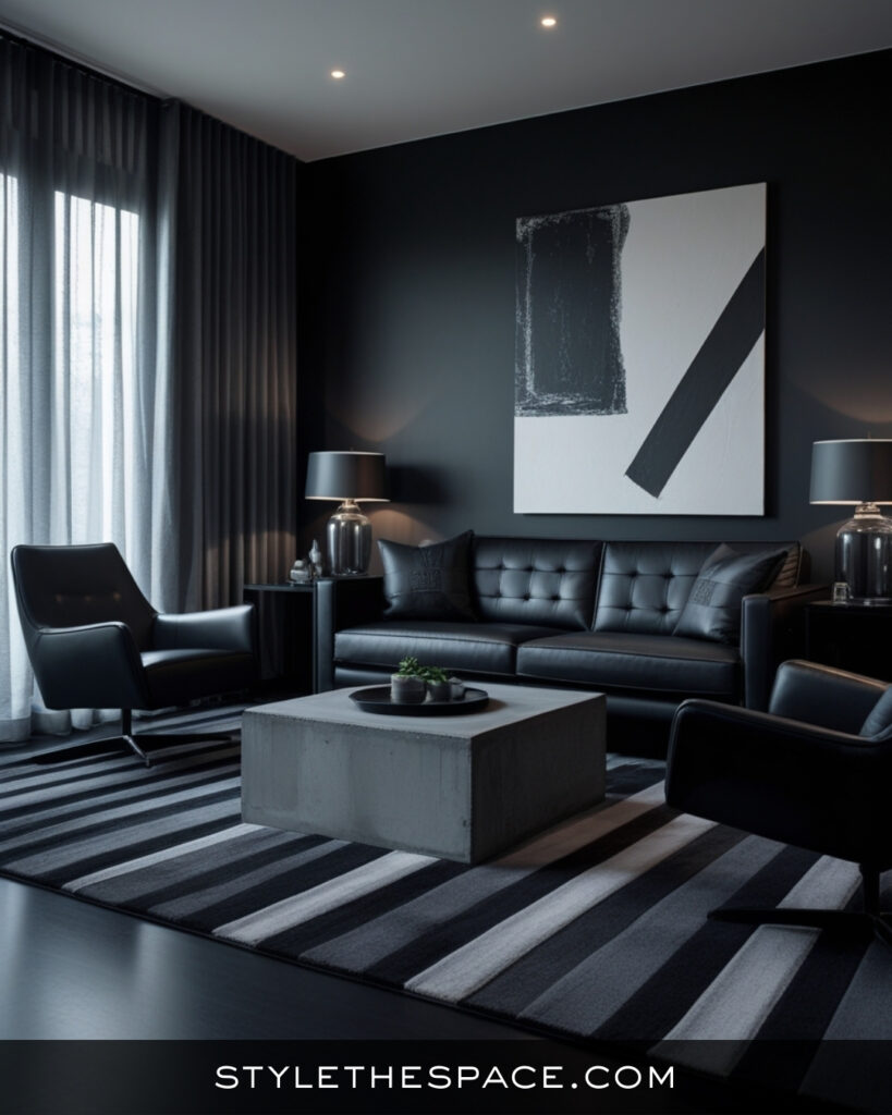 Minimal Black Living Room With Modern Monochrome Layers