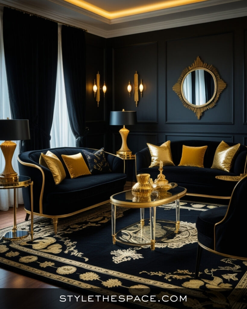 Black Living Room With Gold Accents and Classic Glamour