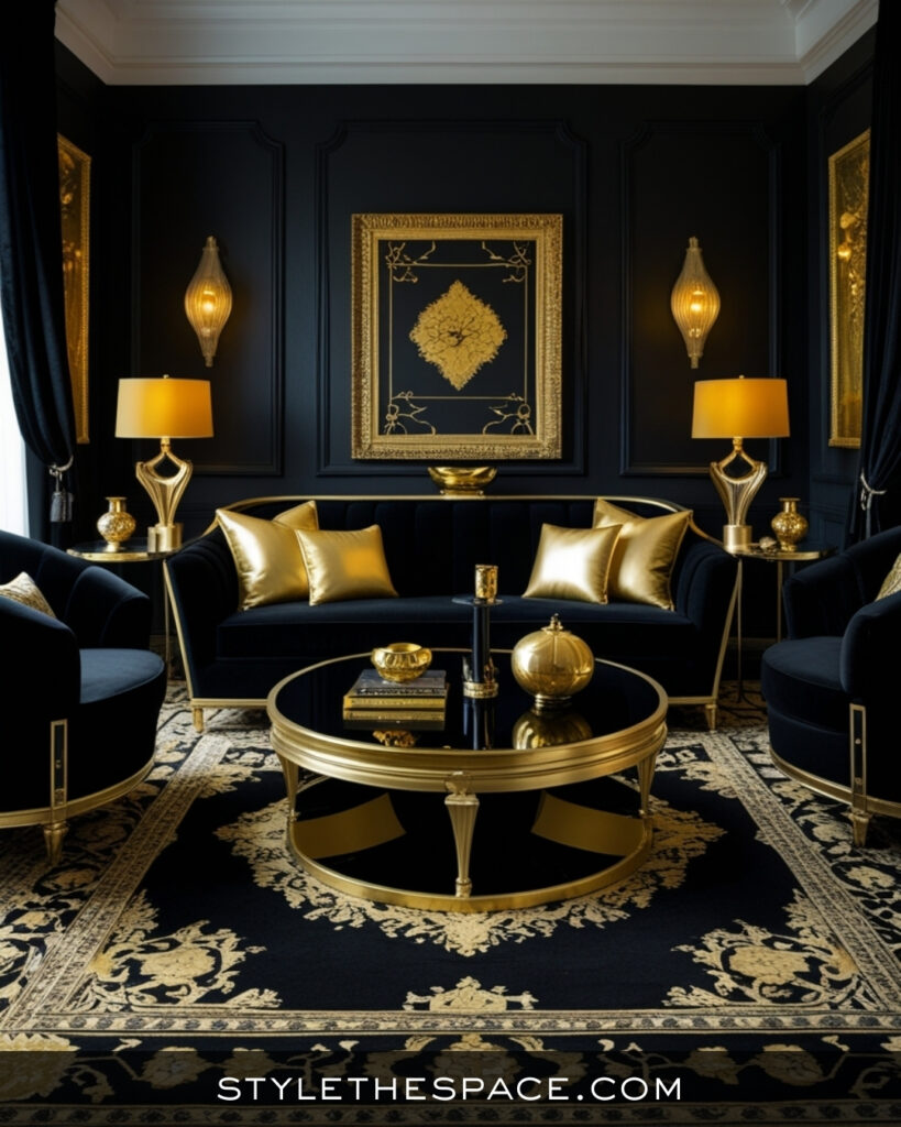 Black Living Room With Gold Accents and Classic Glamour