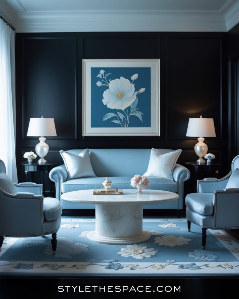 Black Living Room With Soft Blue and Classic Elegance