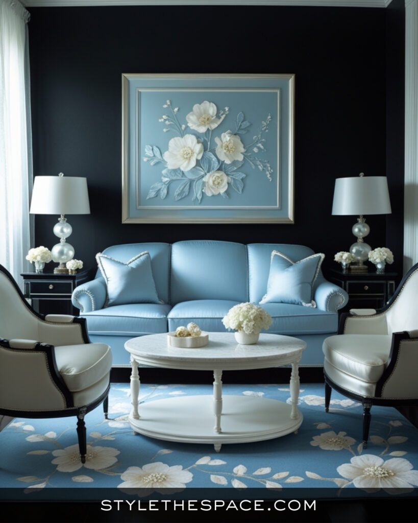 Black Living Room With Soft Blue and Classic Elegance