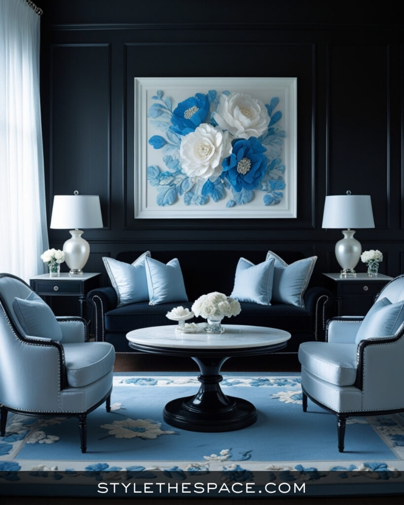 Black Living Room With Soft Blue and Classic Elegance