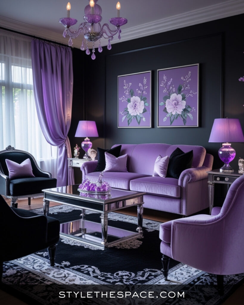 Black Living Room With Lavender and Soft Glam Accents