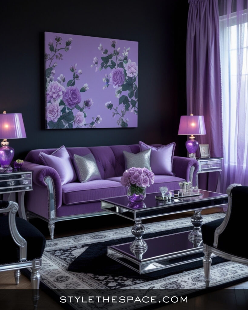 Black Living Room With Lavender and Soft Glam Accents