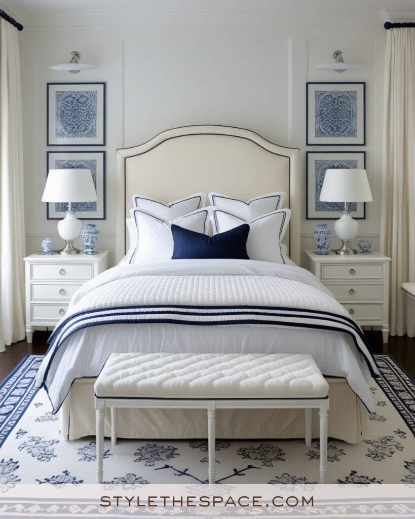 Ivory Bedroom with Navy Trim and Classic Symmetry