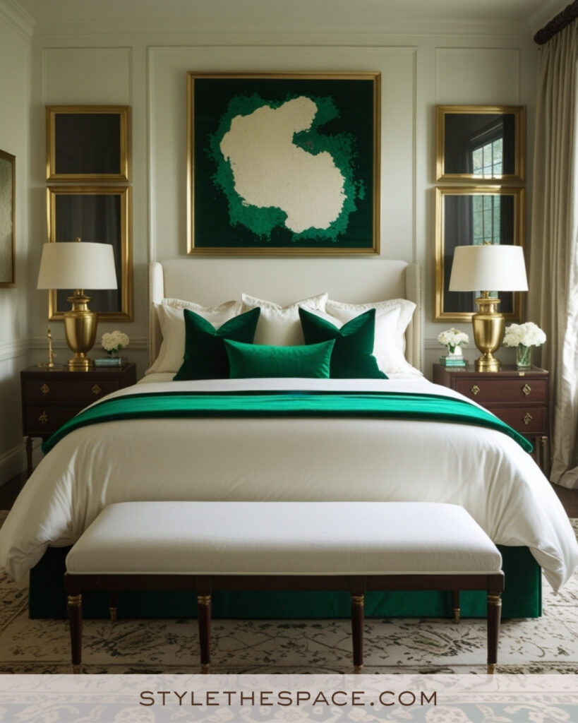Ivory Bedroom with Emerald Green and Gold Accents