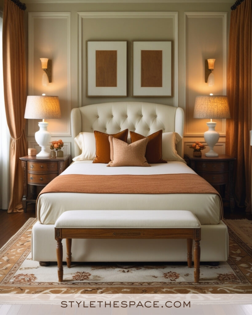 Ivory Bedroom with Warm Caramel and Soft Wood Tones