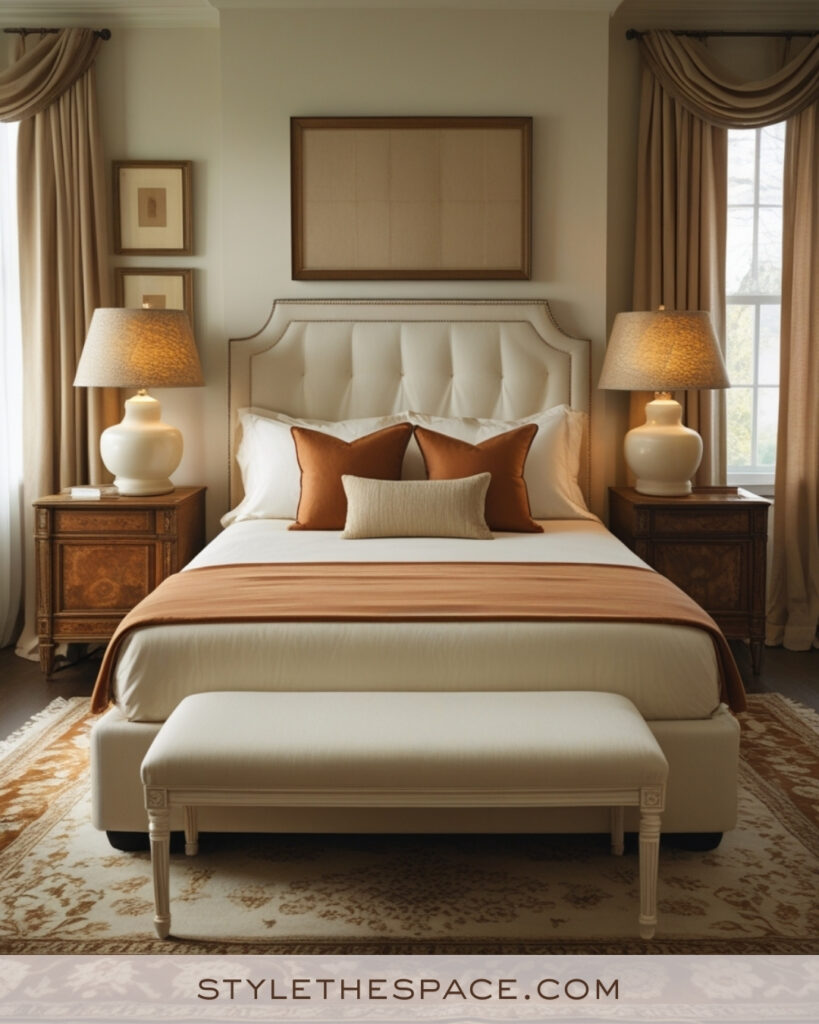 Ivory Bedroom with Warm Caramel and Soft Wood Tones