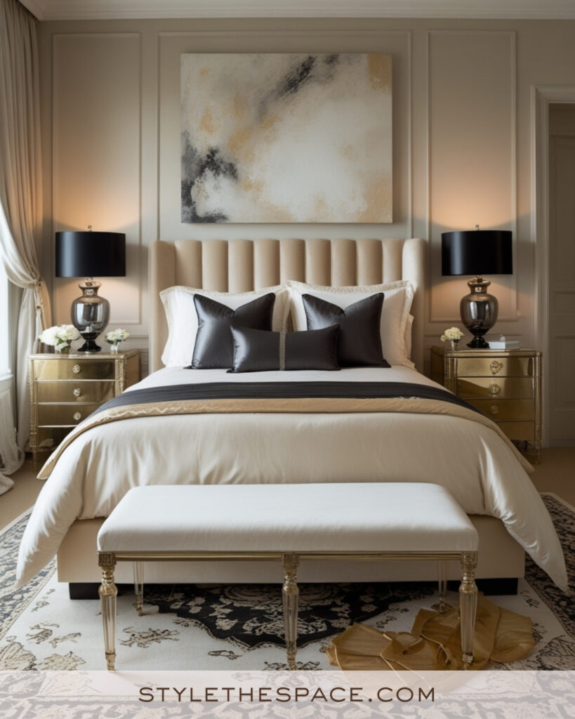 Ivory Bedroom with Black, Taupe, and Soft Gold Accents
