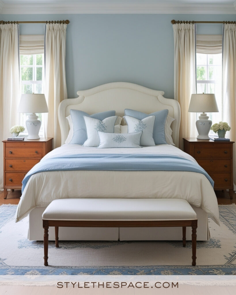Ivory Bedroom with Soft Blue and Warm Wood Accents