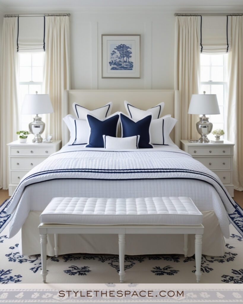 Ivory Bedroom with Navy Trim and Classic Symmetry