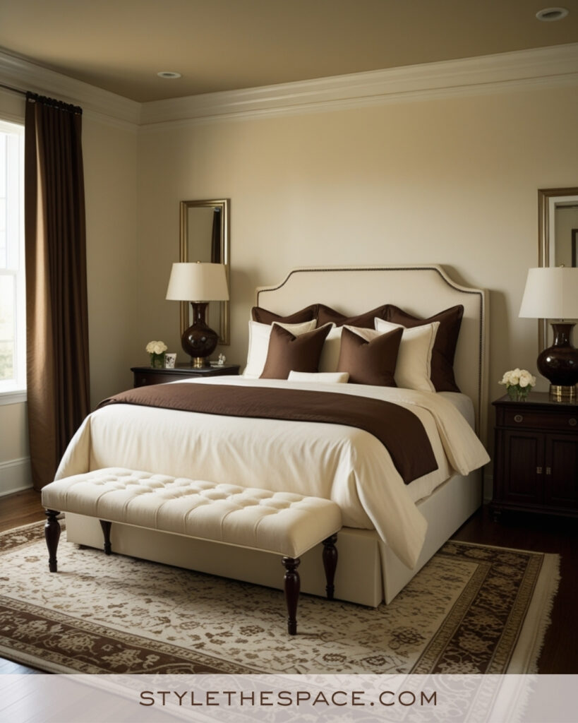 Ivory Bedroom with Chocolate Brown and Warm Neutral Layers