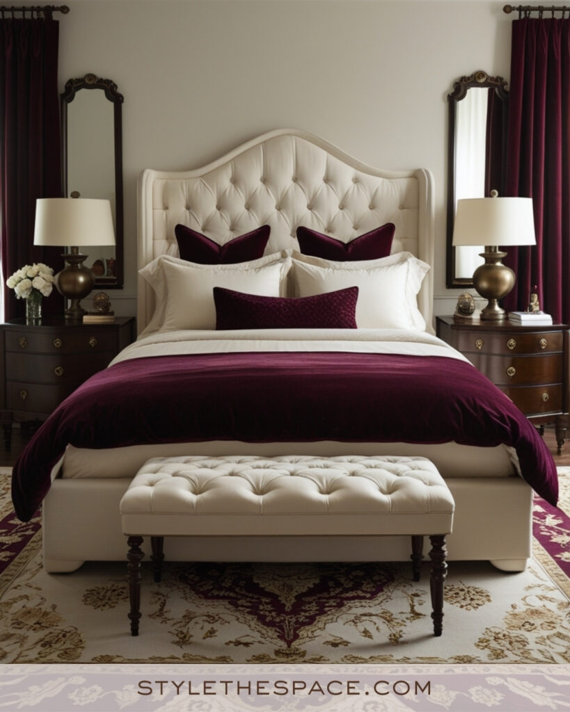 Ivory Bedroom with Deep Burgundy and Antique Brass Accents