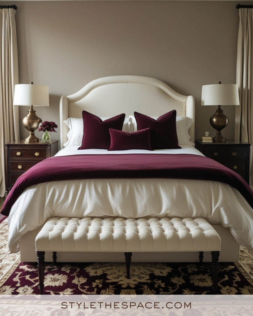 Ivory Bedroom with Deep Burgundy and Antique Brass Accents
