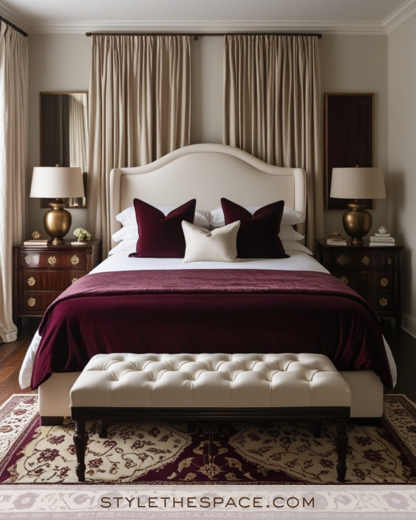 Ivory Bedroom with Deep Burgundy and Antique Brass Accents