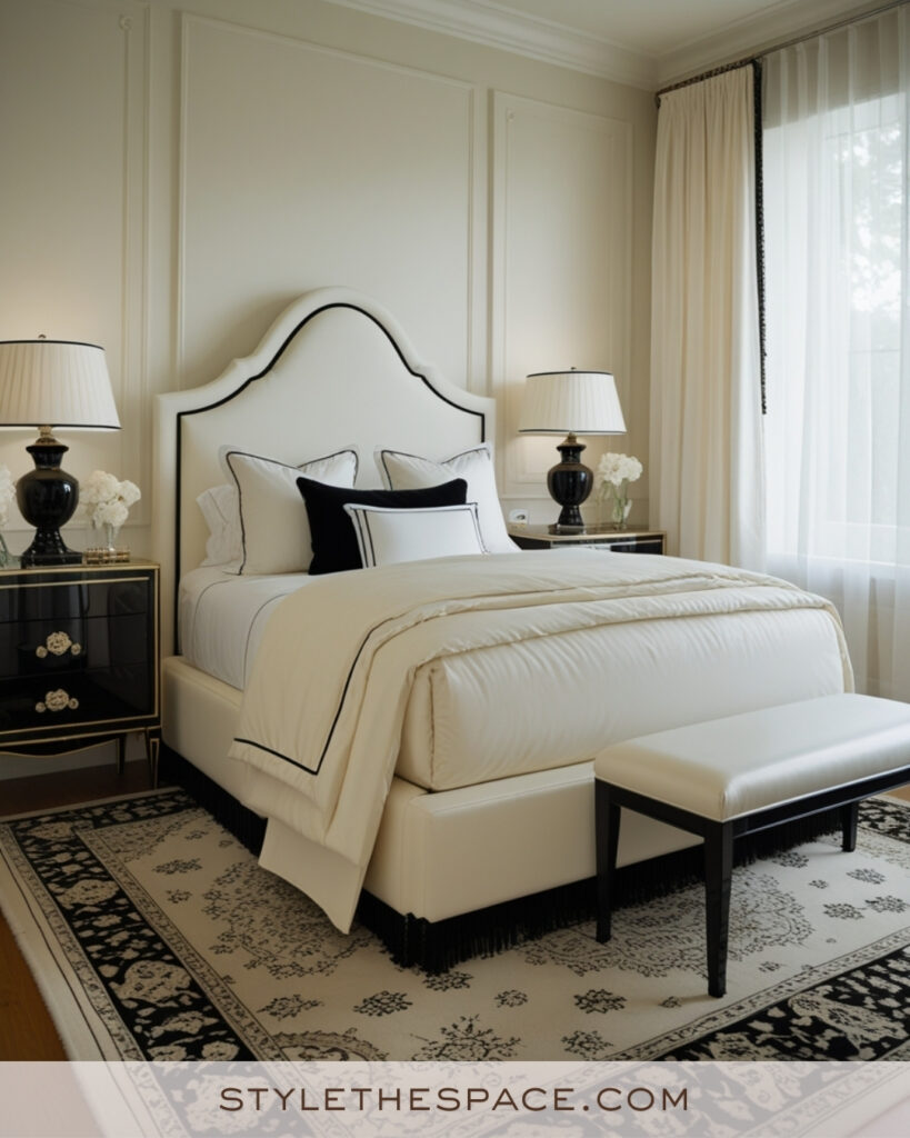 Ivory Bedroom with Black Accents and Tailored Elegance