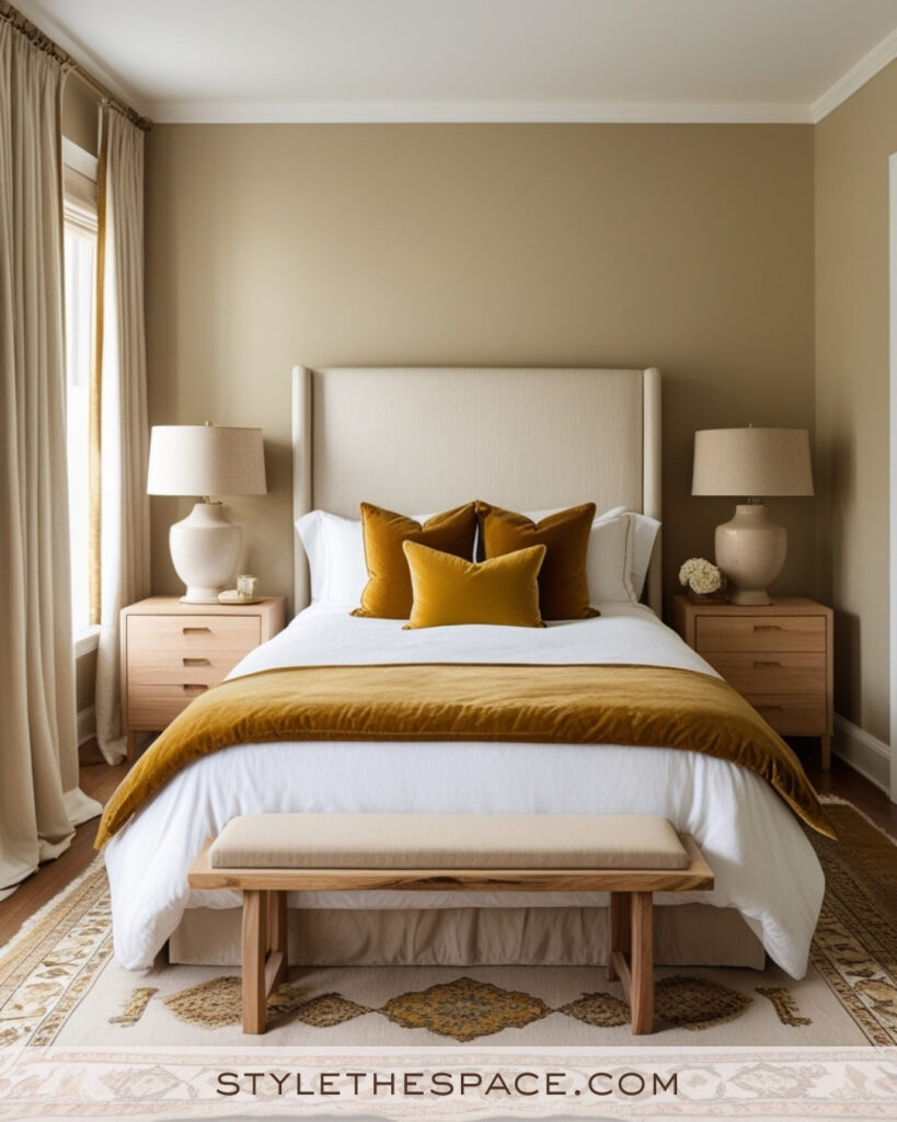 Ivory Bedroom with Mustard Yellow and Natural Wood Accents
