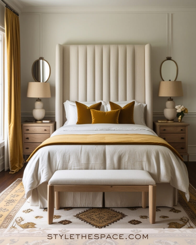 Ivory Bedroom with Mustard Yellow and Natural Wood Accents