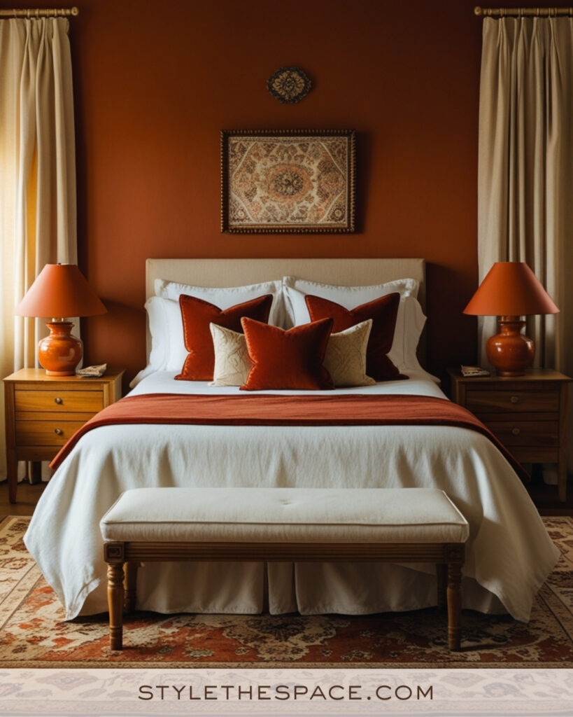 Ivory Bedroom with Burnt Orange and Warm Wood Tones