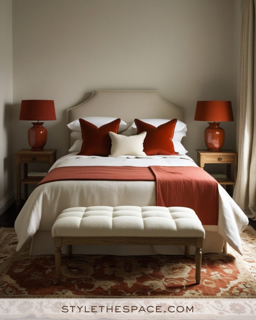 Ivory Bedroom with Burnt Orange and Warm Wood Tones