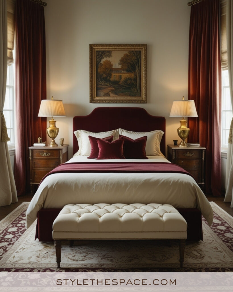 Ivory Bedroom with Deep Wine and Classic Elegance