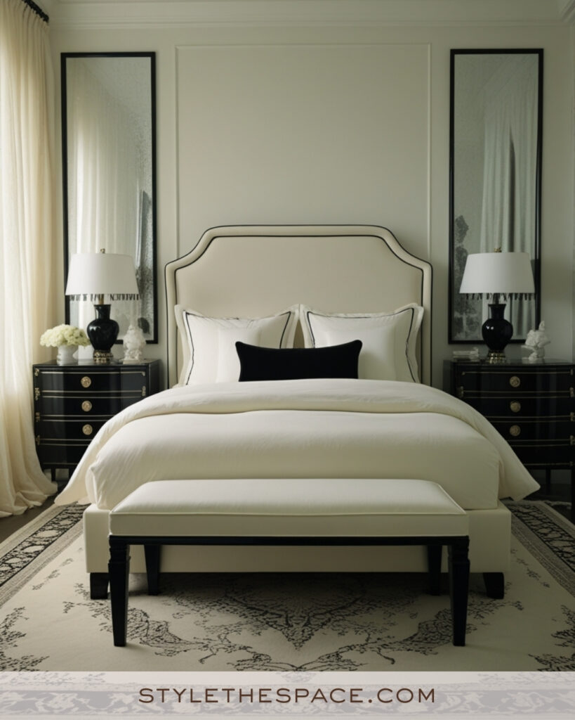 Ivory Bedroom with Black Accents and Tailored Elegance