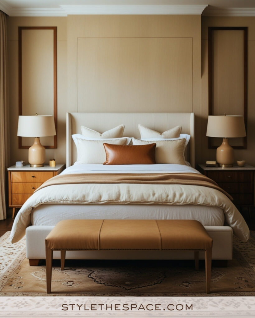 Ivory Bedroom with Camel and Warm Wood Accents