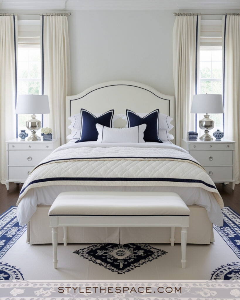 Ivory Bedroom with Navy Trim and Classic Symmetry