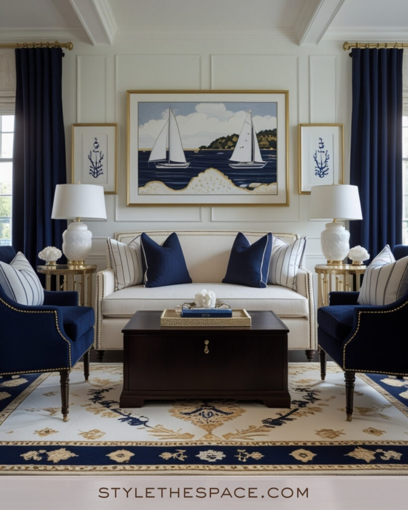Ivory Living Room with Navy Blue Accents