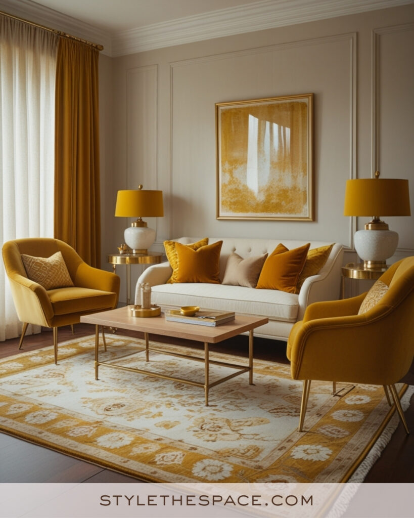 Ivory Living Room with Mustard Yellow Accents