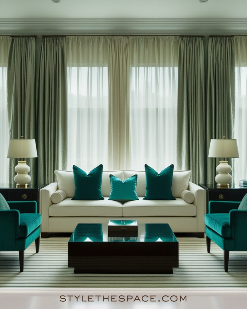 Ivory Living Room with Teal Green Accents