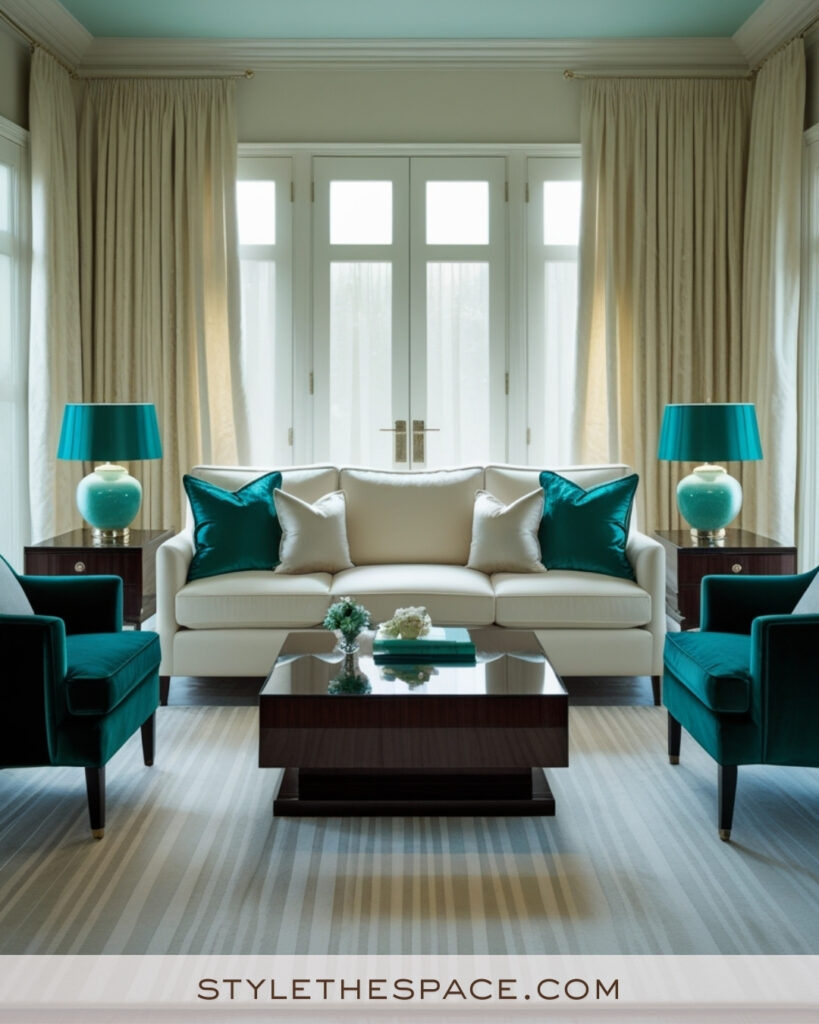 Ivory Living Room with Teal Green Accents
