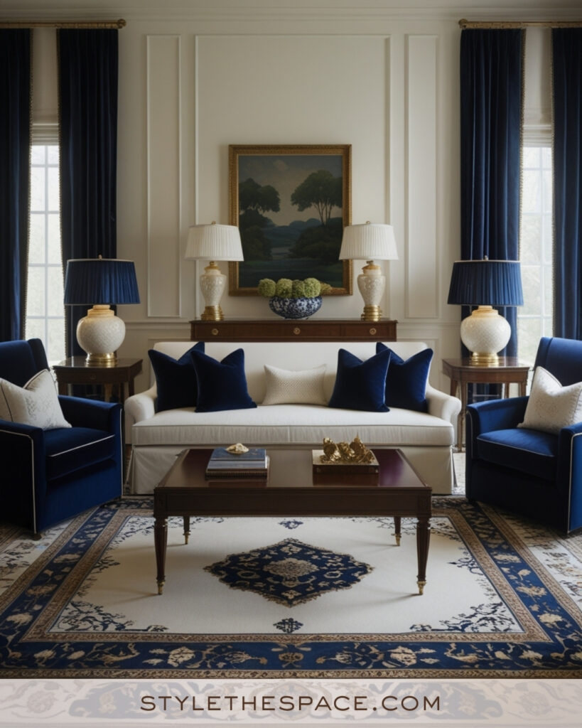 Ivory Living Room with Classic Navy Blue Accents