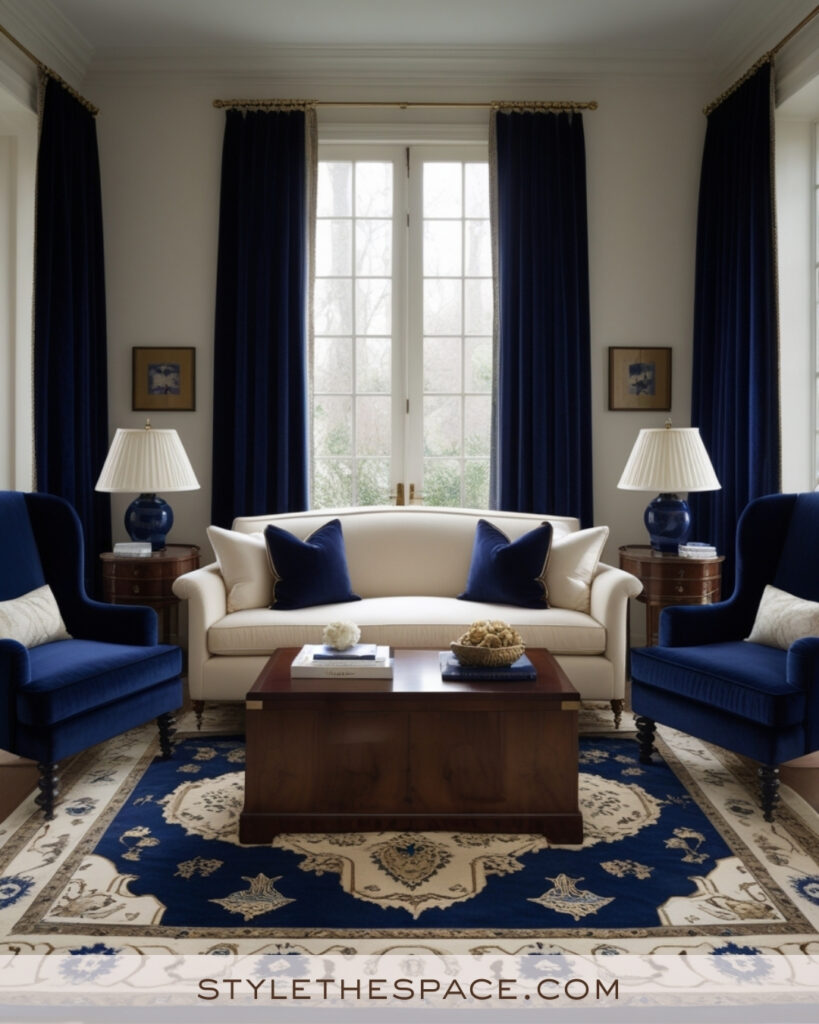 Ivory Living Room with Classic Navy Blue Accents