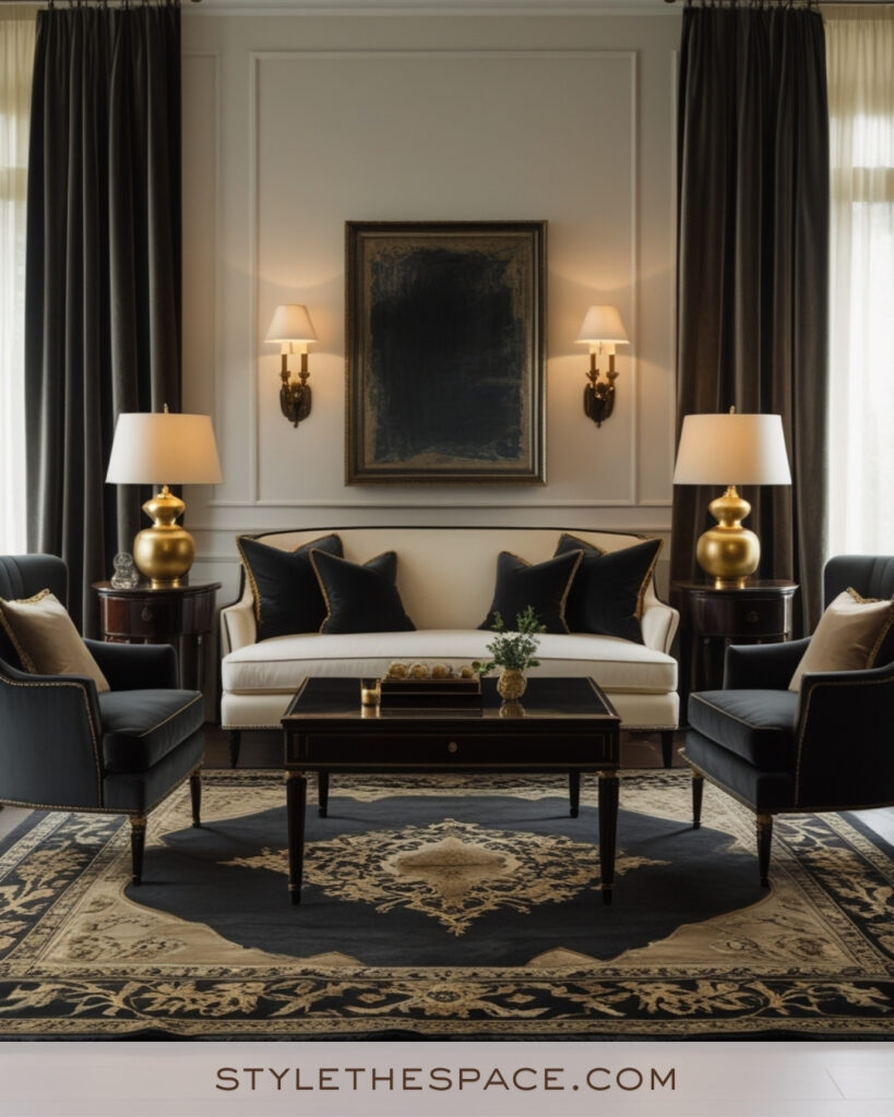 Elegant Ivory Living Room with Black and Gold Accents