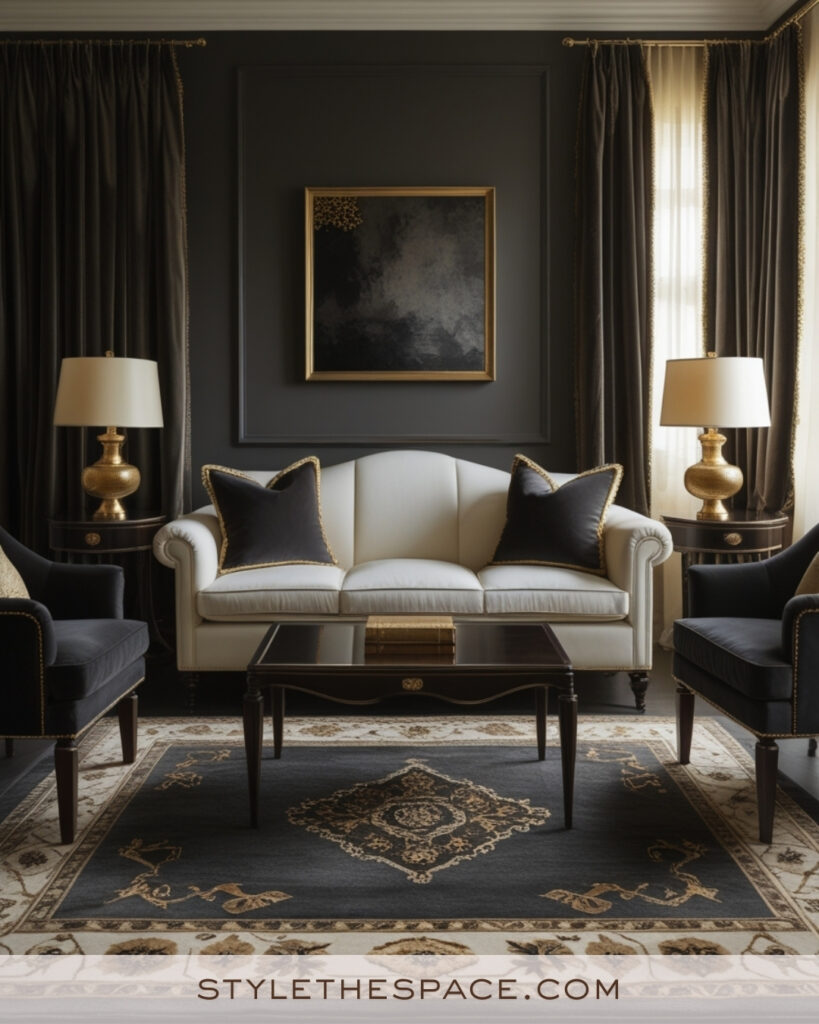 Elegant Ivory Living Room with Black and Gold Accents